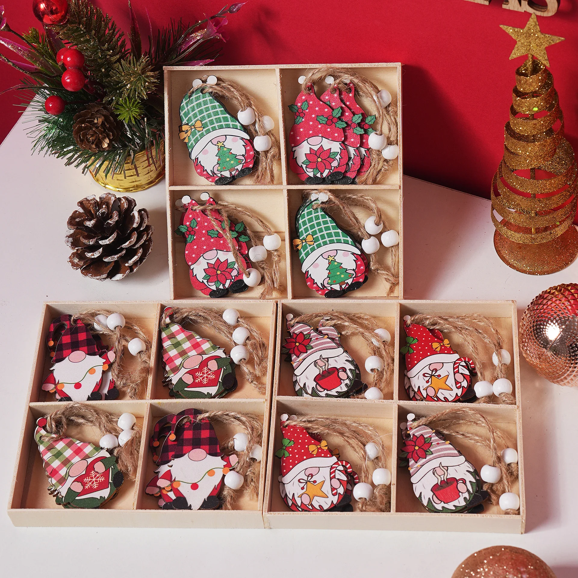 12Pc Christmas Wooden Gnomes Pendant Christmas Tree Hanging Oranment Navidad Xmas Decorations for Home Noel New Year 2024 Gift