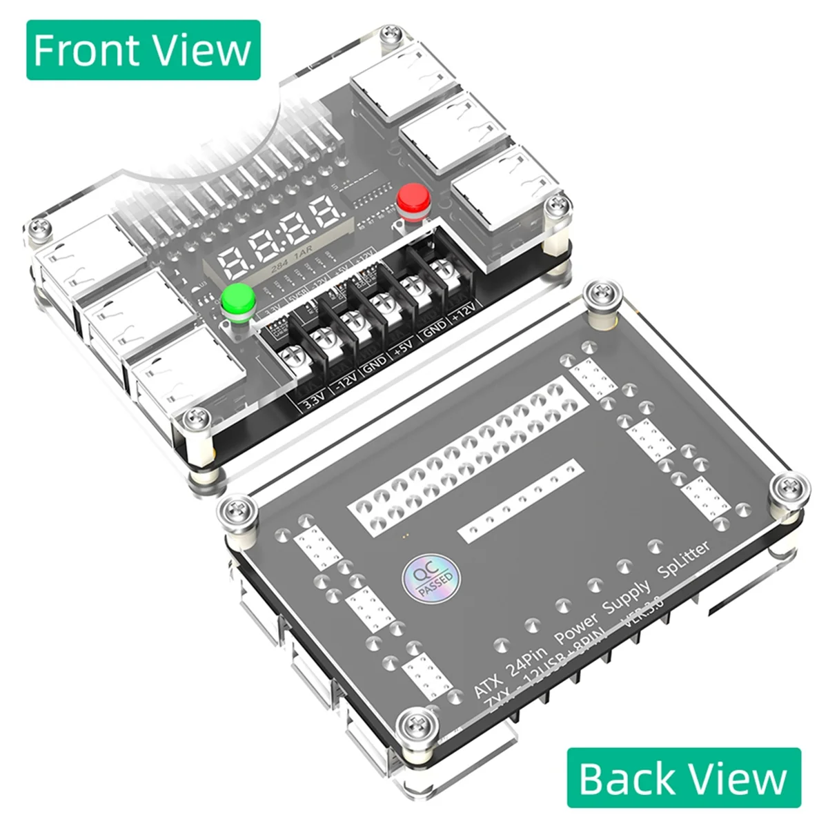 아크릴 케이스가 있는 ATX 전원 공급 장치 브레이크아웃 보드, 3.3V, 5V, 12V, -12V 출력 전압, 12 포트 USB, 3A 최대 출력