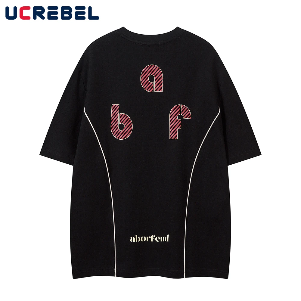 Contrast Paneled Print Short Sleeve T-shirt Mens High Street Loose Half-Sleeve Crew Neck Summer Cotton Tee Men Tshirt