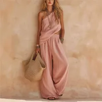 Summer Women 2 Piece Set Slant Collar Asymmetrical Sleeveless Top Bare Midriff Long Pants Solid-colored Loose Wide Leg Pants Set - Image 2