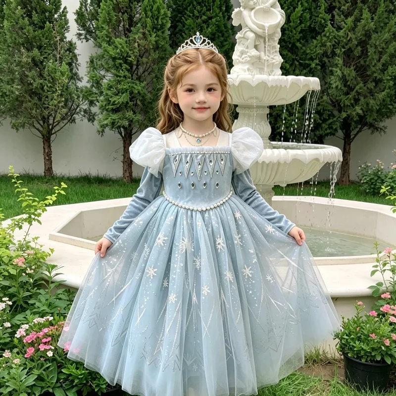 Blue Kids Princess Dress Snowflake Print Tulle Ball Gown Puff Girls Birthday Party Costume Rhinestone Children Pageant Dress