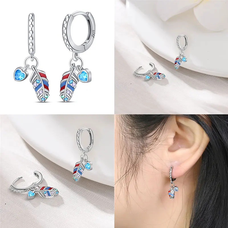 Hot Sale 100% 925 Silver Bohemian Colorful Feather Iris Women Earrings Suitable For Party Anniversary Gift