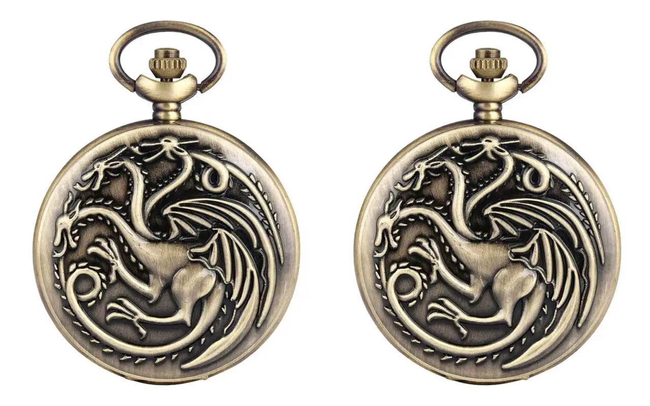 Dreiköpfige Drachen-Quarz-Taschenuhr, Vintage-Bronze, Feuermonster-Halskette, antike Vintage-Uhr