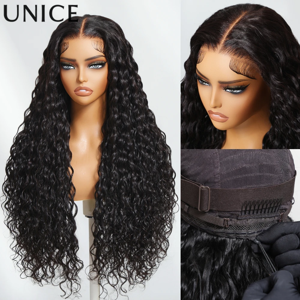 UNice 7x5 13x4 Lace Water Wave Wig With Baby Hair & Invisi Drawstring Pre Cut Pre Bleached Glueless Human Hair Wigs Ready To Wear 150% Density
