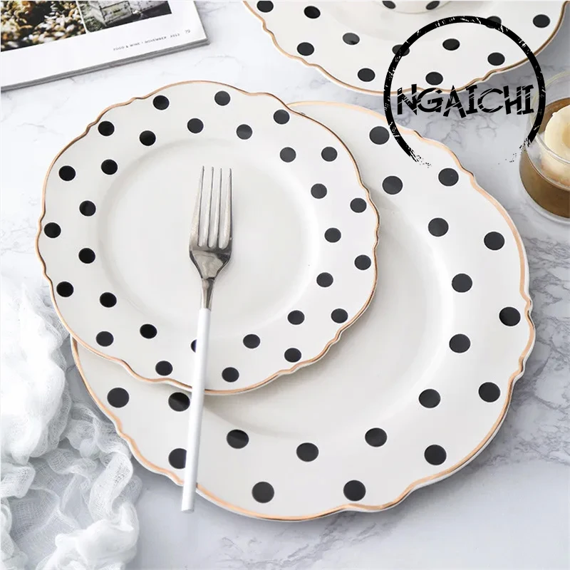 Ngaichi Dishes And Plates Sets Golden Edge Tray Dinner Polka Dot Tray Soup Dish Flat Plate Flower Shape Ceramic Dessert Tray 1pc