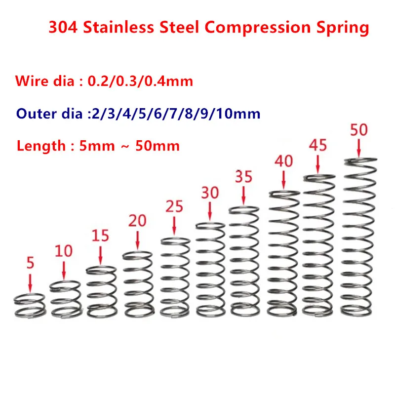 

10 шт. проволока диаметром 0,2 мм 0,3 мм 0,4 мм из нержавеющей стали микро маленькая компрессионная пружина OD 2/3/4/5/6/7/8/9/10/12 мм Длина 5 мм до 50 мм