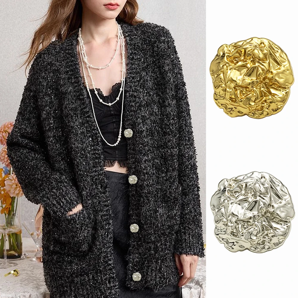 

10pcs Crinkle Texture Irregular Metal Buttons for Coat, Sweater (17/22/35mm) Gold & Silver Versatile Fashion Sewing Accessories