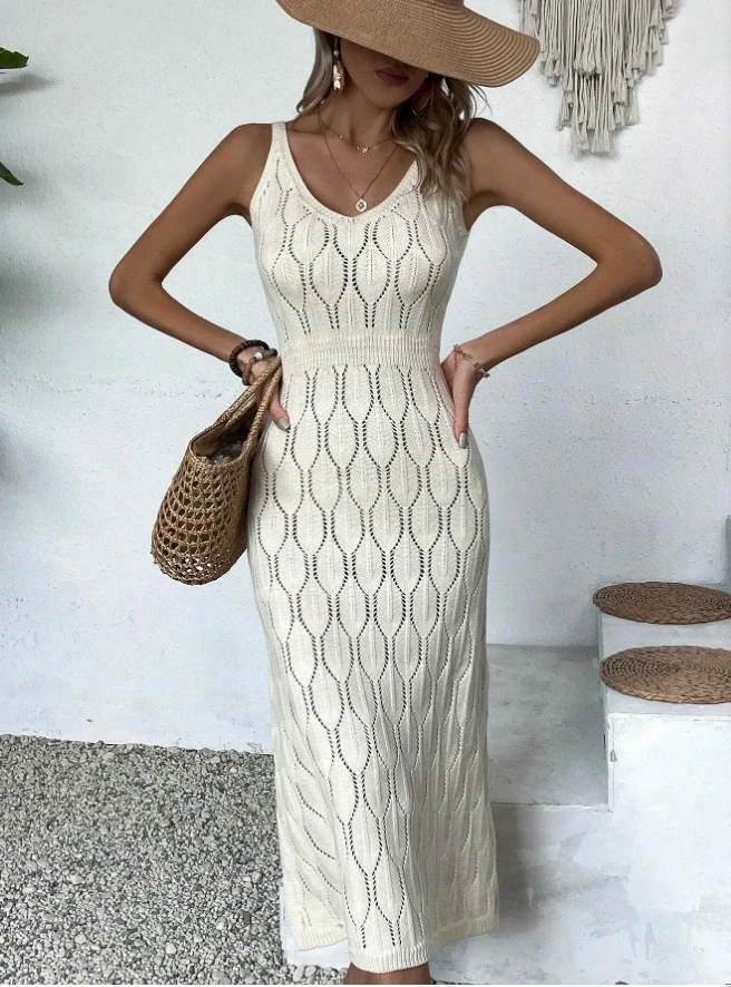 

2024 Sexy Hollow Perspective Vacation Vestidos Casual Backless Knit Tank Long Dress Women Holiday V Neck Sleeveless Boho Dress