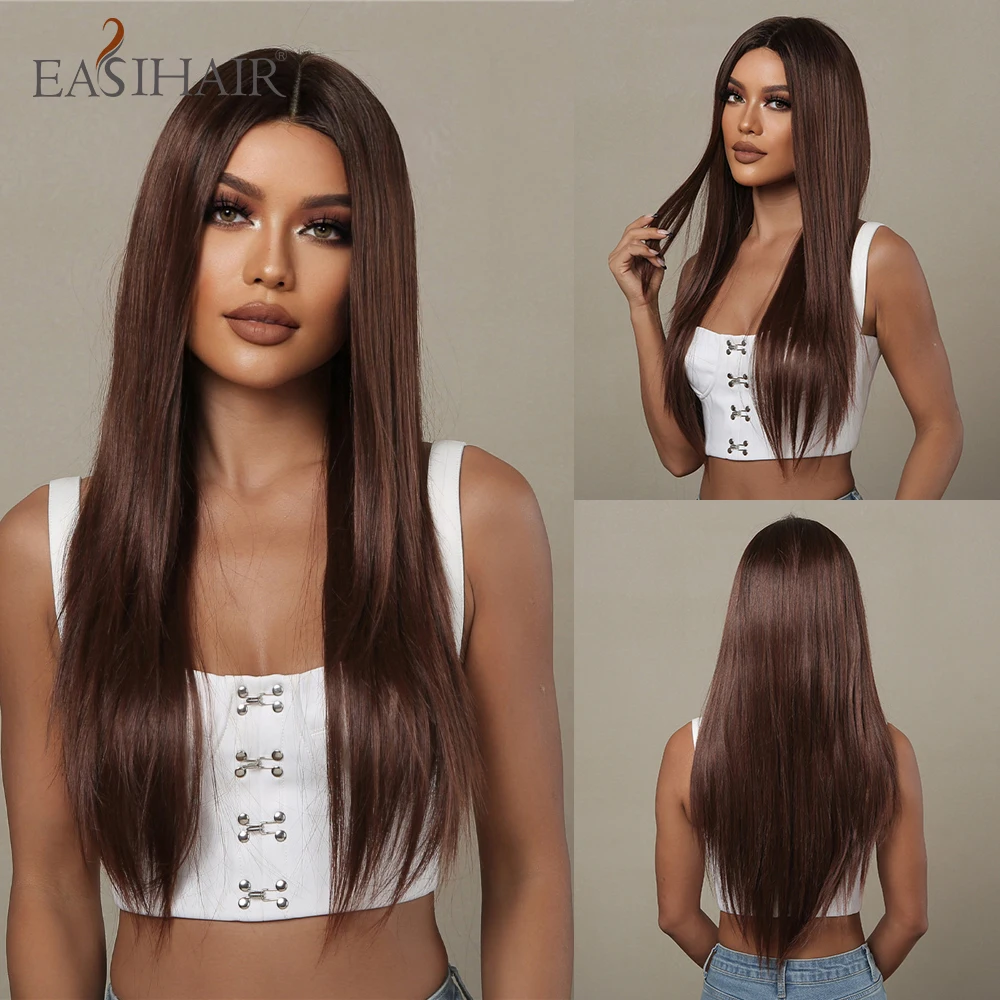 EASIHAIR Long Brown Lace Front Synthetic Wigs Natural Straight T Part Lace Wig for Women High Density Cosplay Wig Heat Resistant