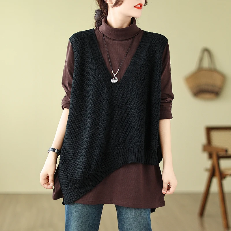 เสื้อกั๊กไหมพรมถักแบบหลวมสบายสำหรับผู้หญิง คอวี ไซส์ใหญ่ แฟชั่นฤดูใบไม้ร่วงและฤดูหนาว สวมใส่สบาย ระบายอากาศได้ดี หลากสี