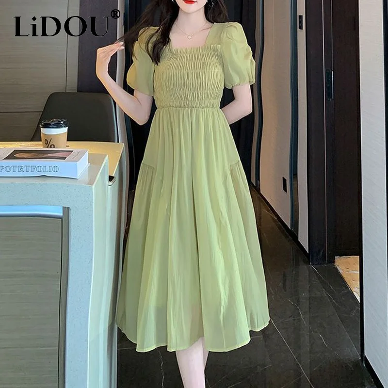 Summer New French Style Solid Color Elastic Chest Princess Dress Women Square Neck Puff Sleeve Pleated Patchwork Midi Dresses