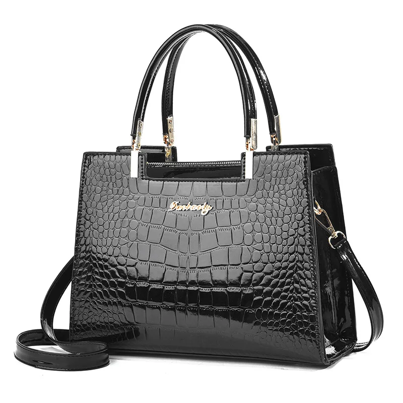 Crocodile Embossed Tote Bag, Patent Leather Solid Color Top Handle Purse, Casual Large Shoulder Bag