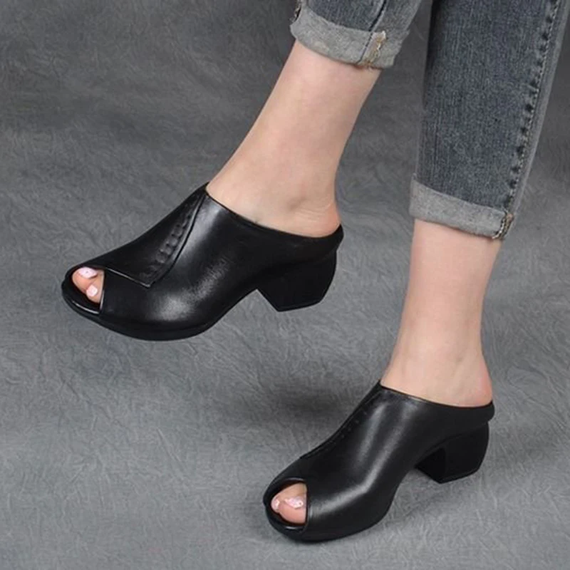 Comemore 2025 Retro Women Slippers Soft Shoes Close Toe High Heels Slides Black Mules Flip Flops for Summer Medium Heel Slides