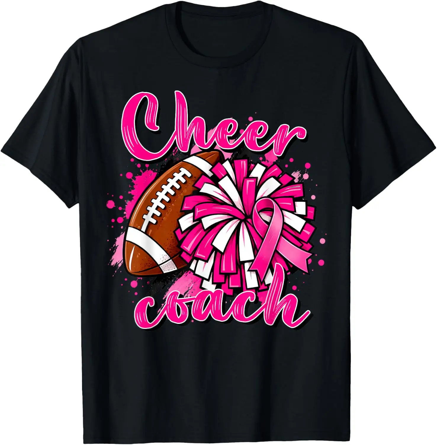 Football Cheer Coach Pink Ribbon Breast Cancer Awareness T-Shirt Breathable, heavyweight pure cotton short-sleeve top—stylish, plus-size, and suitable for year-round wear with a sporty, casual vibe