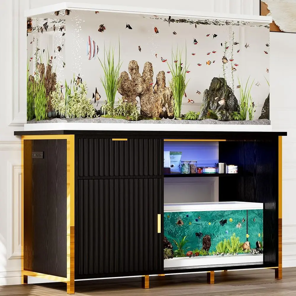 Black & Gold 55-75 Gallon Aquarium Stand with LED Light, 49x20 Top, Elegant Design, 2 Outlets, 2 USB Ports, Shelves, Metal Suppo