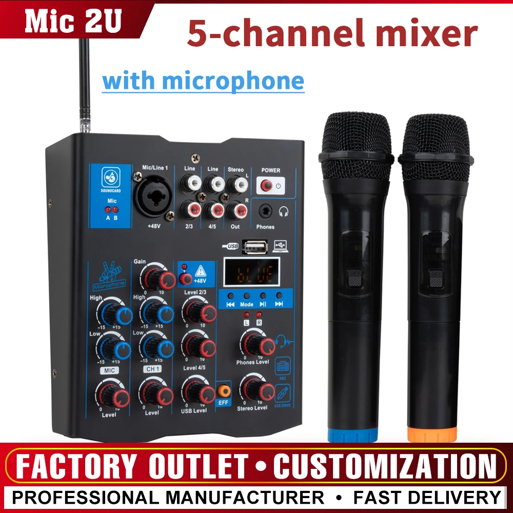 Mic 2U Audio mixer with UHF Wireless Microphone 5 Channel Stereo Mixer Console Bluetooth USB for DJ Karaoke PC Record MIXER