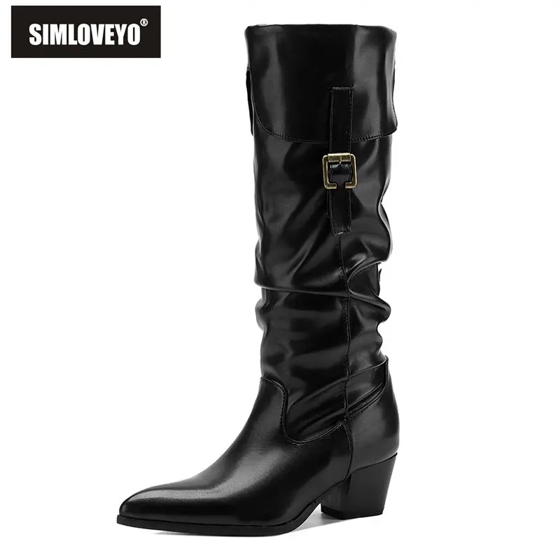 Botas Altas Rojas para Mujer SIMLOVEYO, Punta Puntiaguda, Tacón Cuadrado de 5.5cm, Sin Cierre, con Hebilla, Tallas Grandes 41 42 43 44, Botas de Moda para Citas