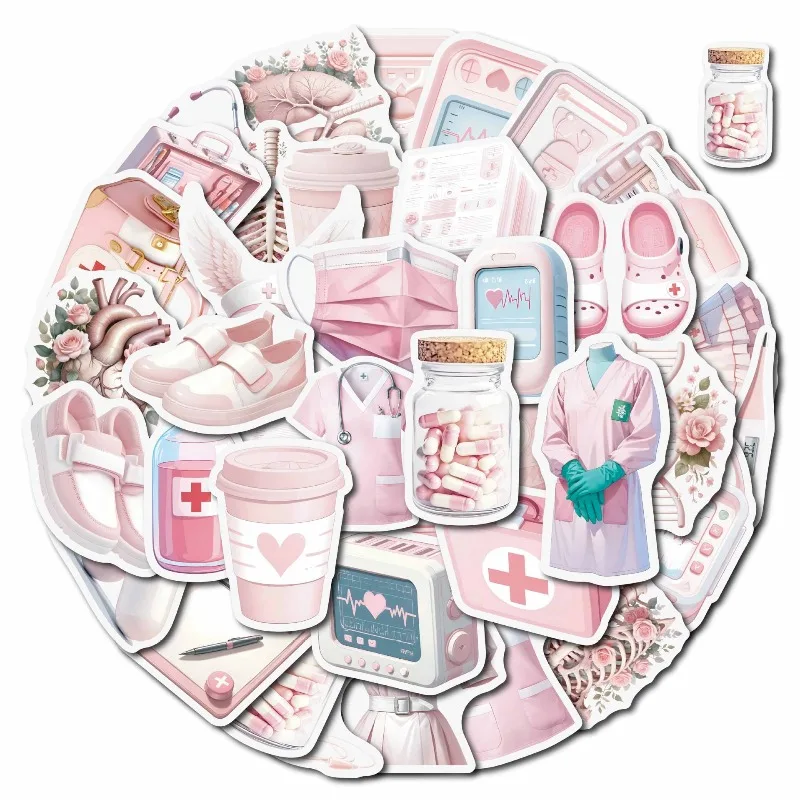 

50PCS Pink Medical Graffiti Stickers Kawaii Decals for Laptop Scrapbook Journal Cute Doctor Nurse Pharmacy DIY Craft Supplies