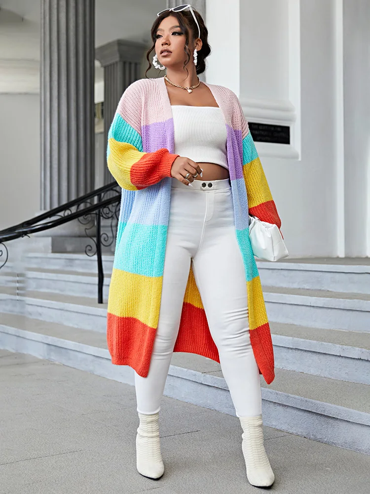 ONELINK Rainbow Strip Color Long Sleeve Plus Size Women\'s Open Cardigan Knee Length Sweater Jacket Oversize Clothing Winter 2022