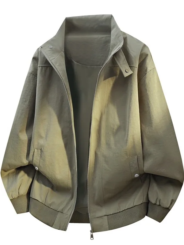 

Retro American Stand Collar Jaet Men's Spring Loose Workwear Outerwear Youth Casual Versatile Long Sve Zipper Closure