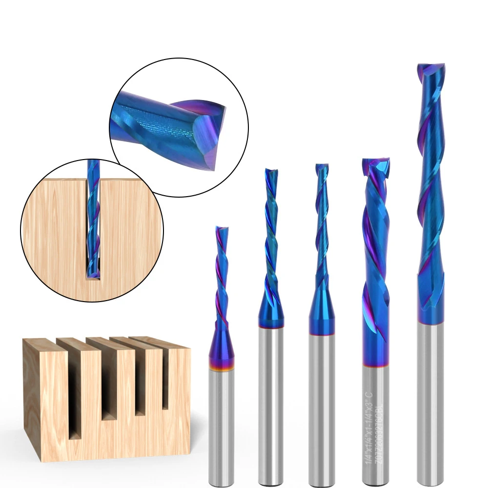 

2-Flute Straight Router Bits Blue Nano Coating Up-Cut Down-Cut Combination 1/4" Shank Slotting Cutting Tools