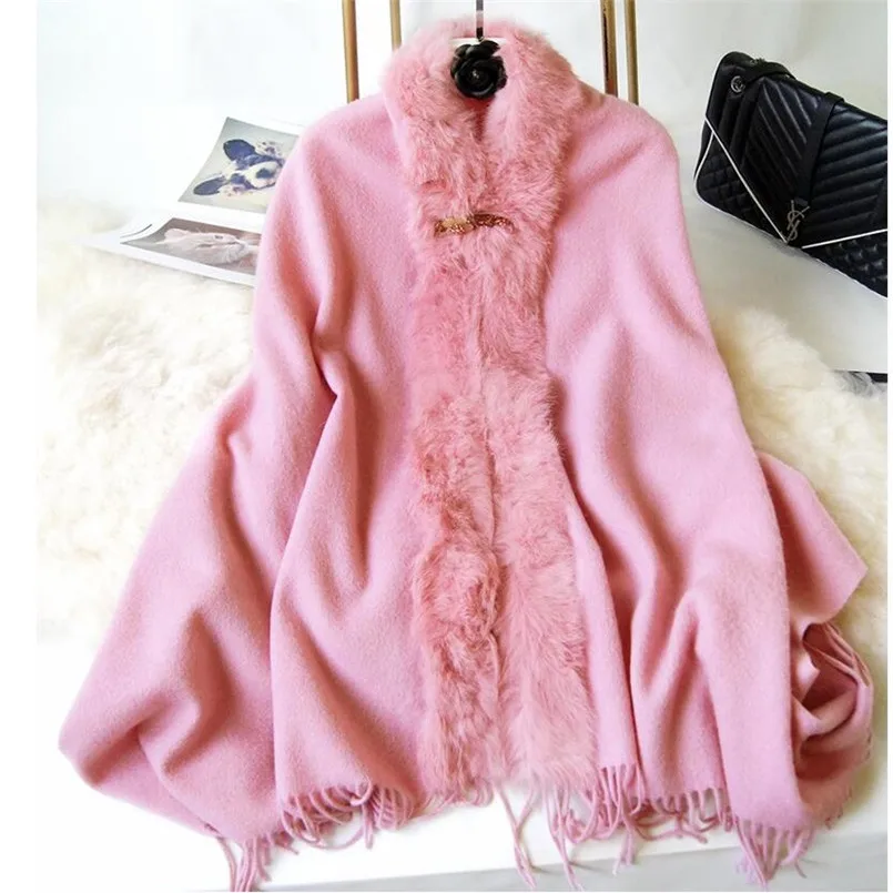 Winter Autumn Warm Women Wool Scarf with Genuine Rabbit Fur Wraps Female Cape Shawl Wraps