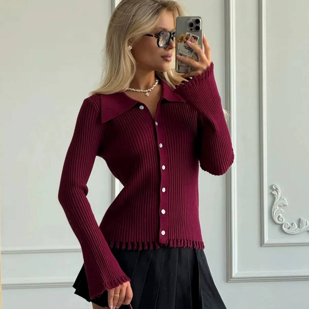 

Apprabant Women 2025 Autumn Lapel Button Fringe Knit Top Long Sleeve Slim Fit Sweater Elegant Sexy Fashion Streetwear Outfit