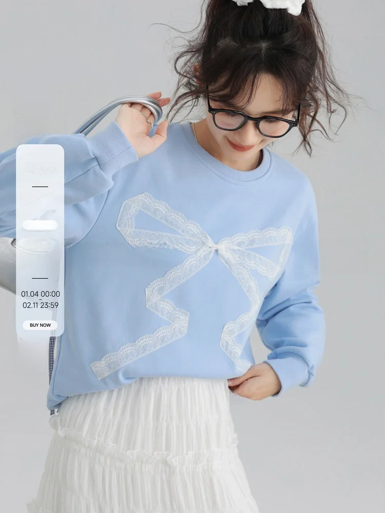 

Женская свободная толстовка с круглым вырезом и кружевным узором, с длинными рукавами, осенняя, в уличном стиле, из смесового хлопка и полиэстера