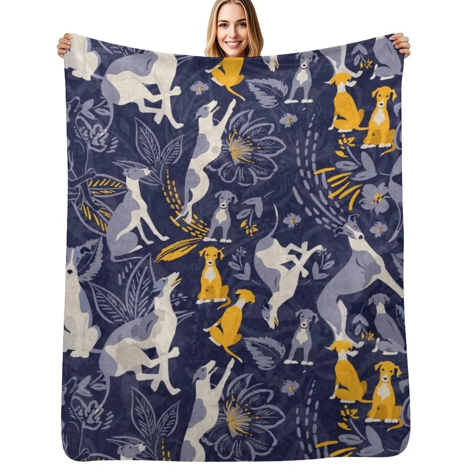 Greyhound midnight blue and yellow pattern Throw Blanket Comforter Tourist Large Soft warm for winter Bed Blankets