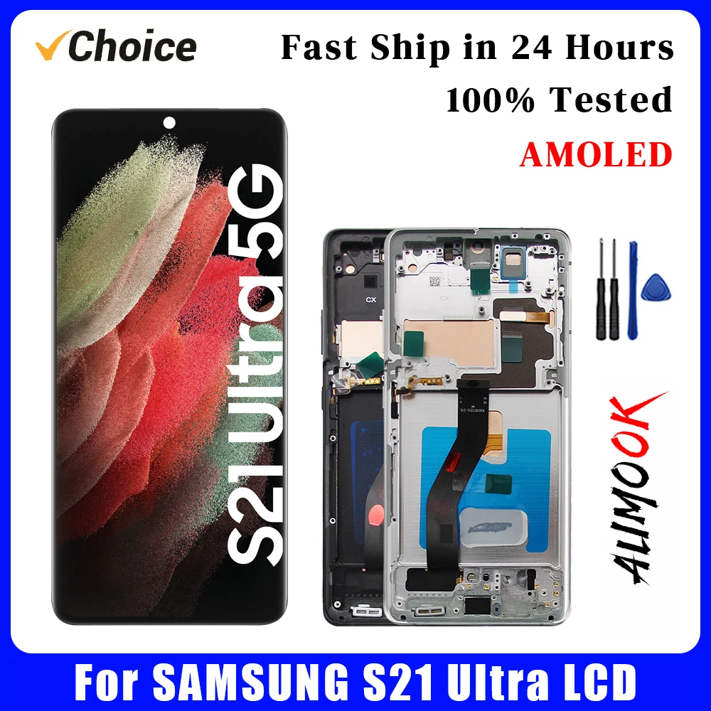 for SAMSUNG S21Ultra 5G AMOLED Display Touch Screen Digiziter Assembly pantalla For Samung S21U G998 With Frame LCD Display