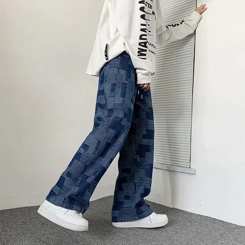 Autumn Plaid Baggy Jeans For Men Y2K Vintage Wide-leg Jean High Street Loose Straight Denim Pants Streetwear Hip Hop Trousers