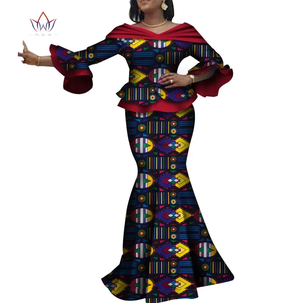 Africa Style Two Piece Skirt Set Dashiki Elegant Clothing Ruffles Sexy Crop Top and Skirt Women Sets for Lady WY4088