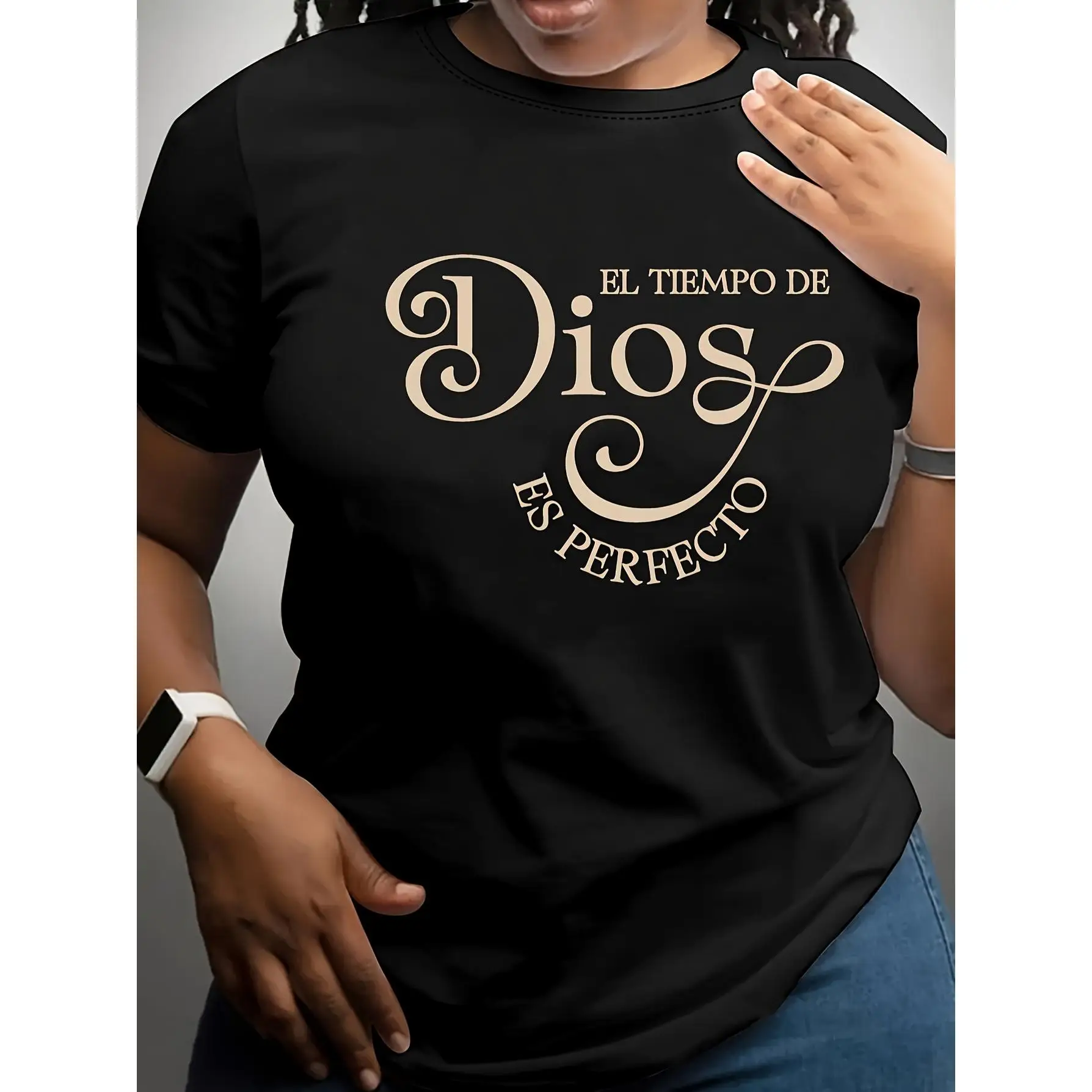 

Women's Soft Short Sleeve T-Shirt - "El Tiempo De Dios Es Perfecto" Print,Black,Comfortable & Stylish Pullover for Spring/Summer