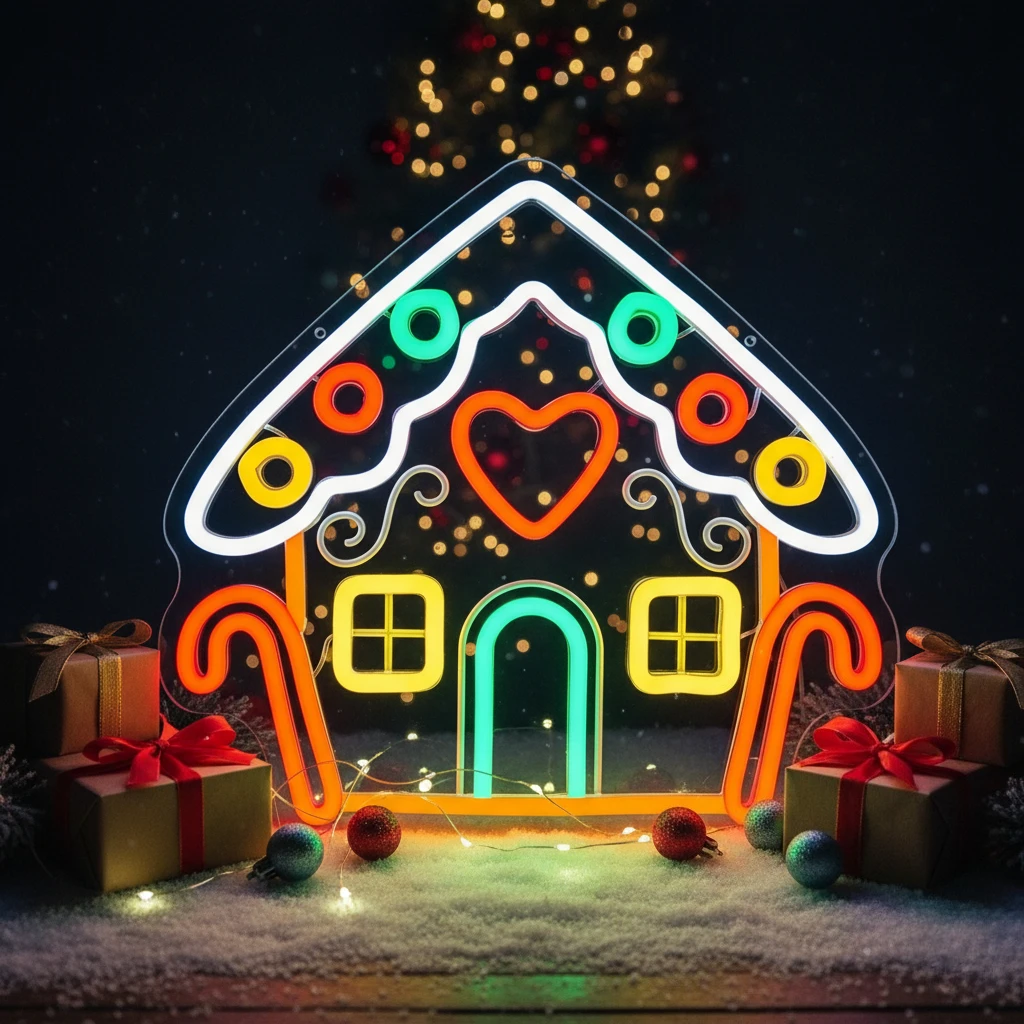 Merry Christmas Neon Sign USB Powered -Gingerbread Houses Energy-efficient  for Home Window Wall Hanging Christmas Decor