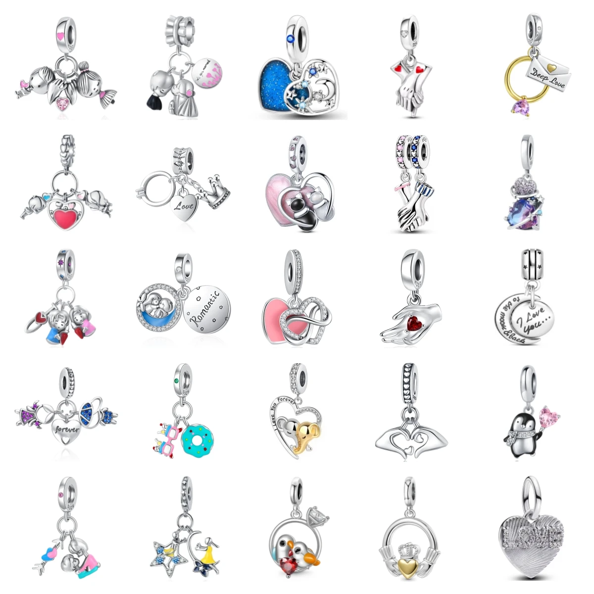 S925 Silver Love Couple Charms Hand Penguin Bird Doll Star Donut Crystal Dangle Bead Fit Valentine Jewelry Gift