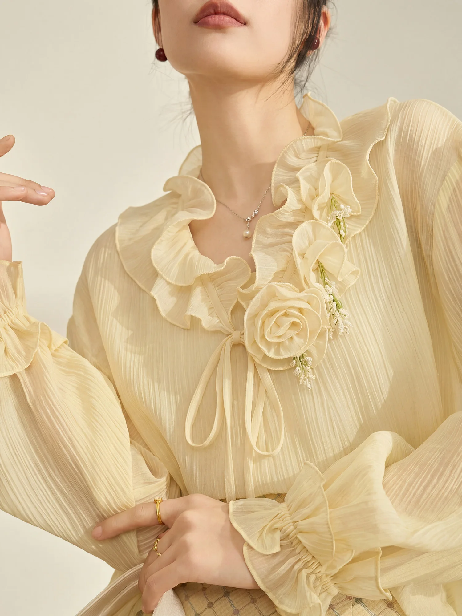 

Elegant Spring Shirt for Women with 3D Flower Embellishment V-Neck Long Sleeve Loose Fit Commute Style Polyester Fiber