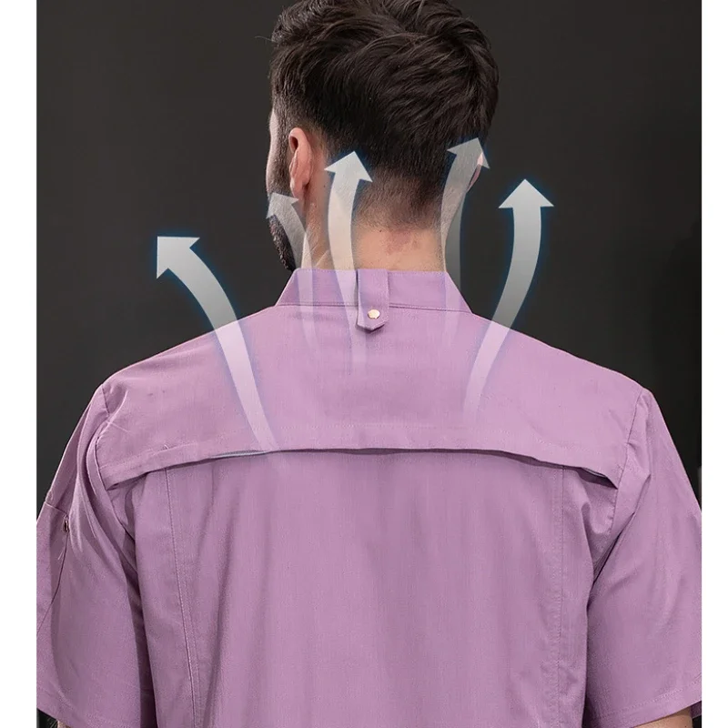 Chaqueta de Chef rosa para hombres y mujeres, manga corta, restaurante, Hotel, abrigo de cocinero, uniforme de camarero, Top