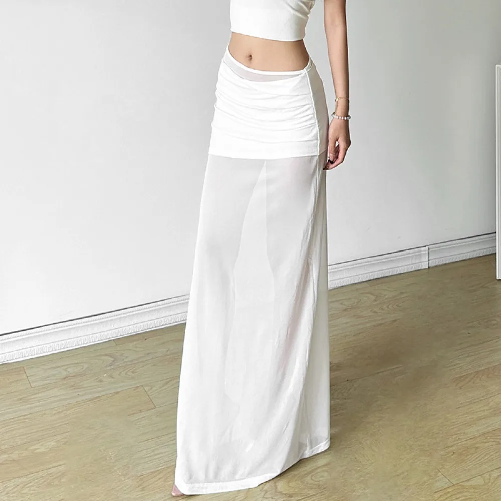 Sylcue شبكة المرقعة التنانير الطويلة النساء 2025 الاتجاه الجديد Ruched مرونة الخصر الشارع موضة تنوعا Y2K نمط قيعان أنيقة