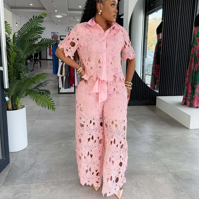 

Doyerl Floral Lace Two Piece Set Women Birthday Outfit Festival Club Party Hollow Out Shirt Top and Wide Leg Pants Matching Sets