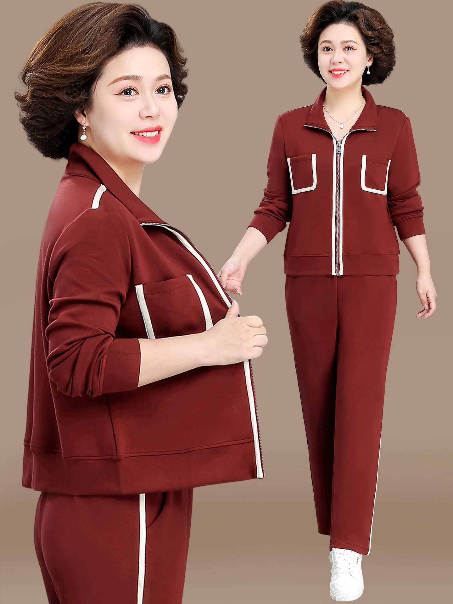 

Casual Sportswear Set for Mom Autumn Sle Zipper Straight Leg Pants Long Sve Ne Two-Piece Suit for Middle-Aged Women