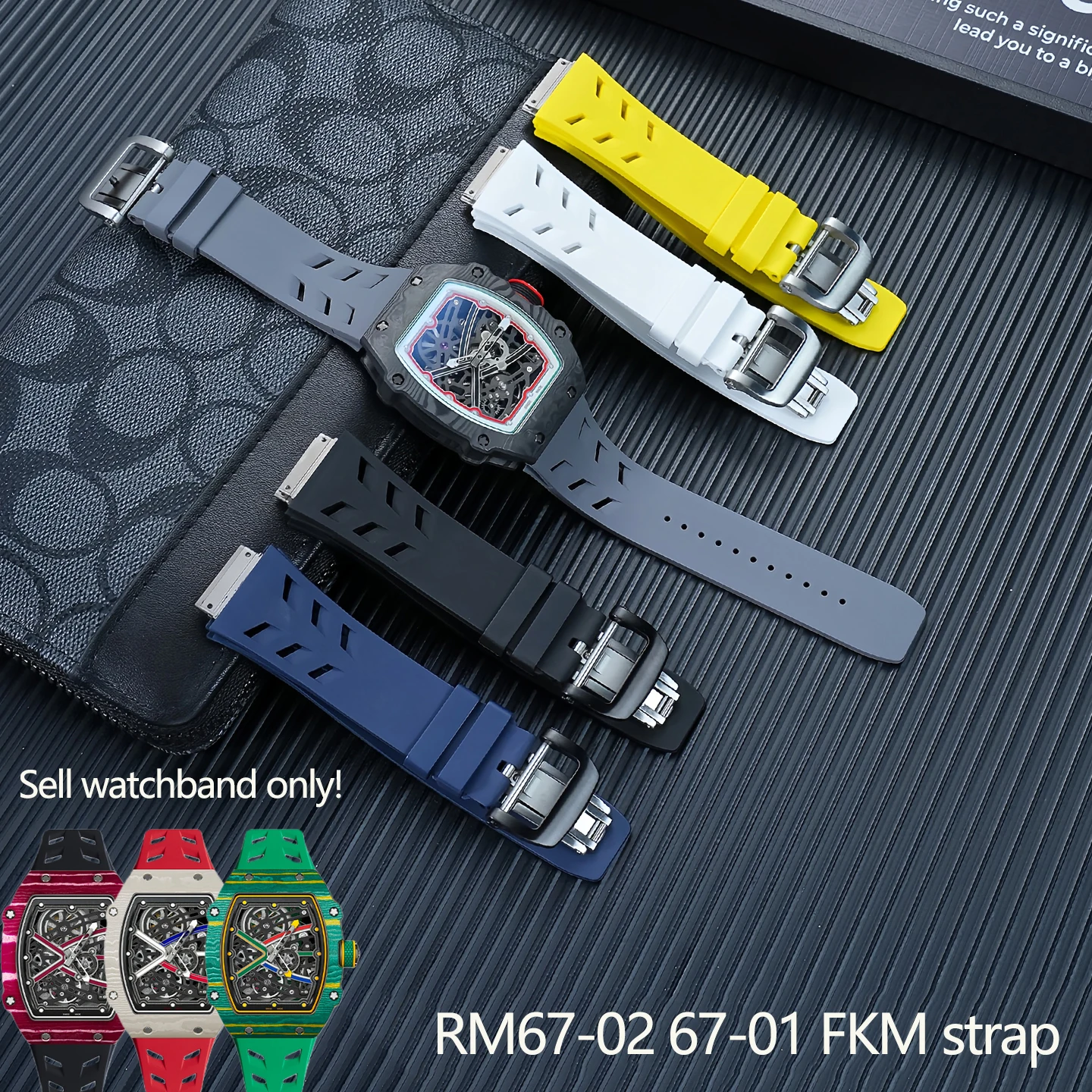 For Richard Miller Men's Watchband High Quality Waterproof Fluororubber strap RM67-02 67-01 Soft FKM Bracelet folding buckle