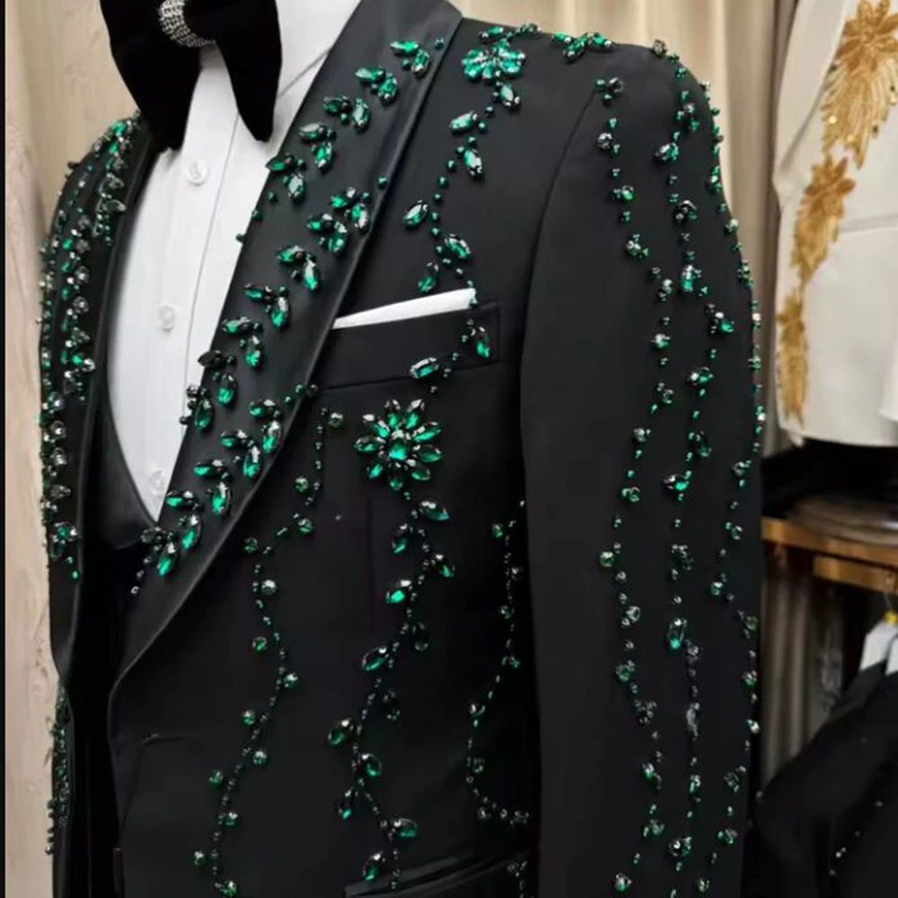 Luxury Men's Tuxedo Suit Green Diamond Beaded Stones Jacket Vest Pants 3 Piece Sets Groom Wear Wedding Tuxedo Customized Clothes