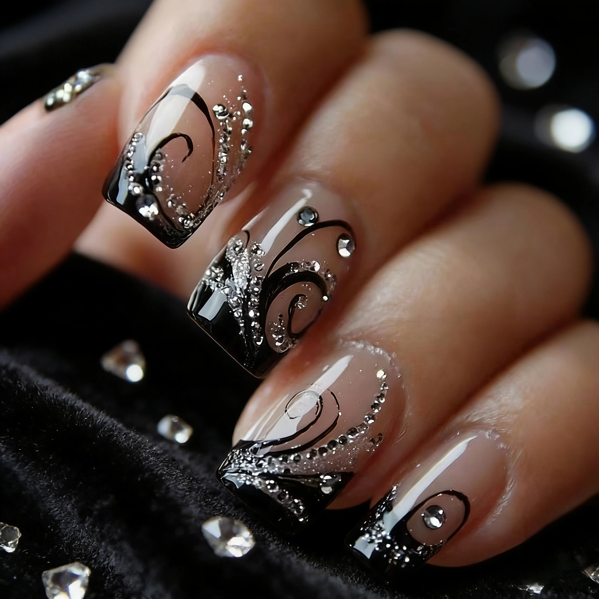 

24Pcs Dark Flash Diamond Press On Nails Euro Glitter Rhinestone Reusable Manicure For Women Party Date Daily