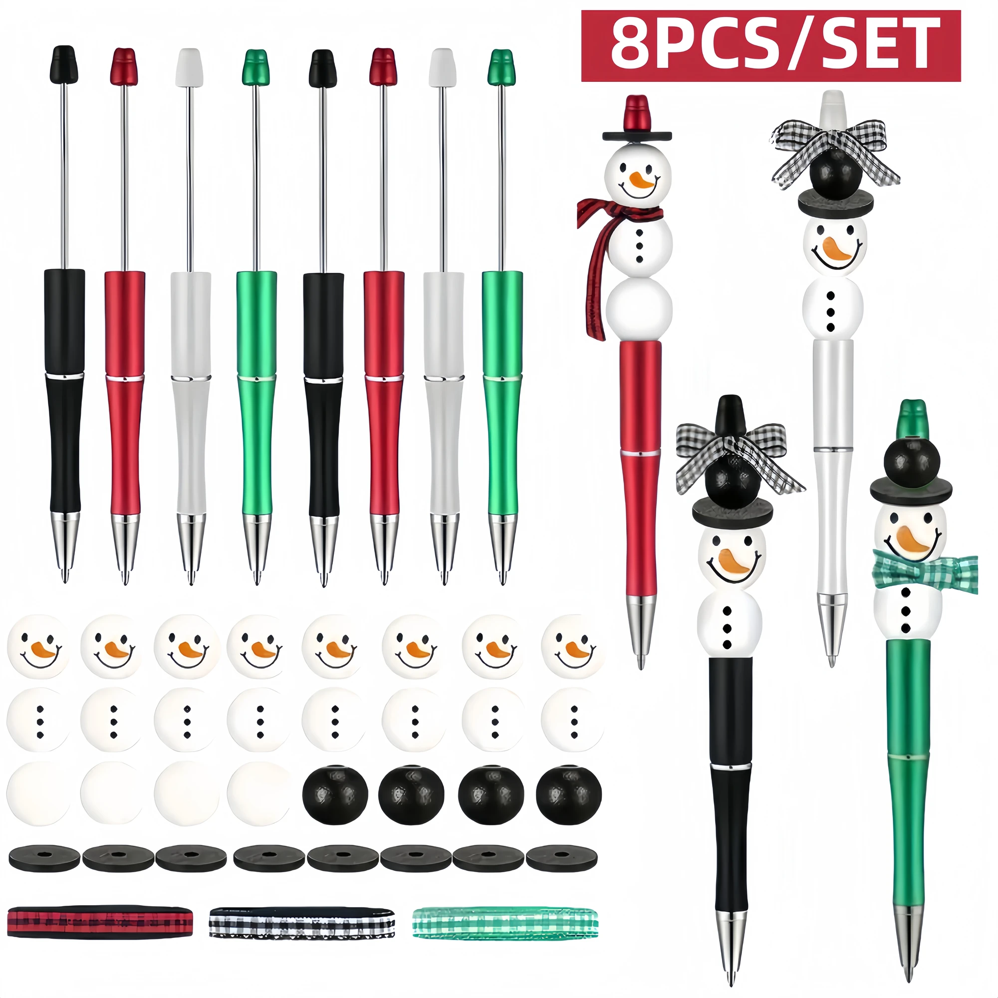 

8PCS New Creative Red Green Black Sliver Colorful Christmas Snowman Theme DIY Beaded Ballpoint Pen Wood Bead Set，Office Supplies