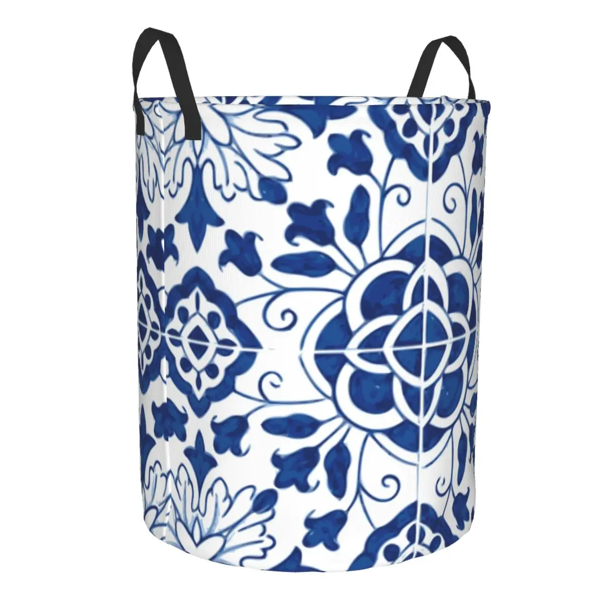 Custom Blue Portuguese Porcelain Tiles Laundry Hamper Large Storage Basket Flower Pattern Kids Nursery Toy Organizer