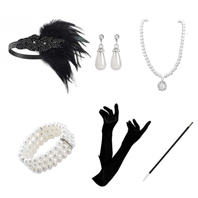 1920s The Great Gatsby Accessories Set Medallion Pearl Headband Black Gloves Cigarette Holder Flapper Party Costume Accessories