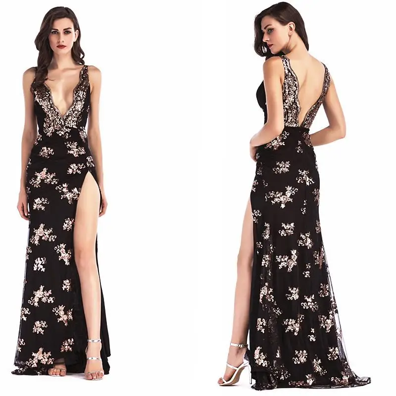 ชุดเดรสยาวเซ็กซี่แบบมีสายรัดประดับเลื่อม คอวีลึก ผ่าข้าง สำหรับผู้หญิง ฤดูร้อน 206 เหมาะสำหรับงานแข่งรถ