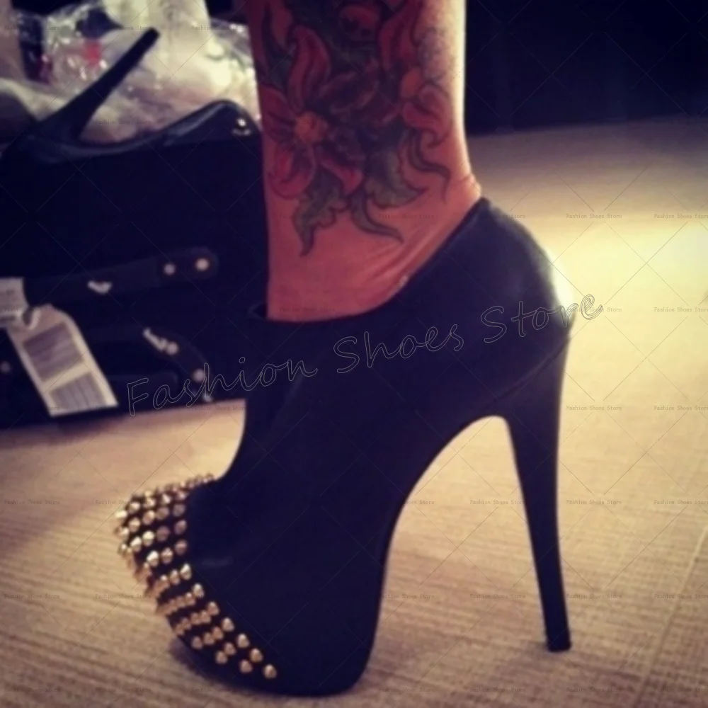

Black Rivets Decor Round Toe Ankle Boots Platform Women Shoes Stilettos High Heels Party Banquet Dating 2025 Zapatos Para Mujere