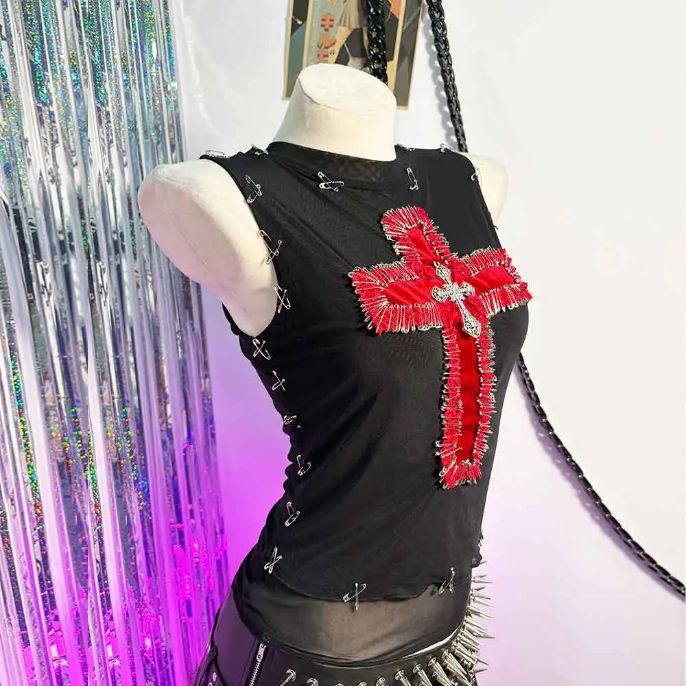 Harajuku Y2K TOPS Pin E-Girls Club Wear Rave Outfits Cross Emo Goth Teen Punk Rock Gothic Tank Grunge Fashion Revival