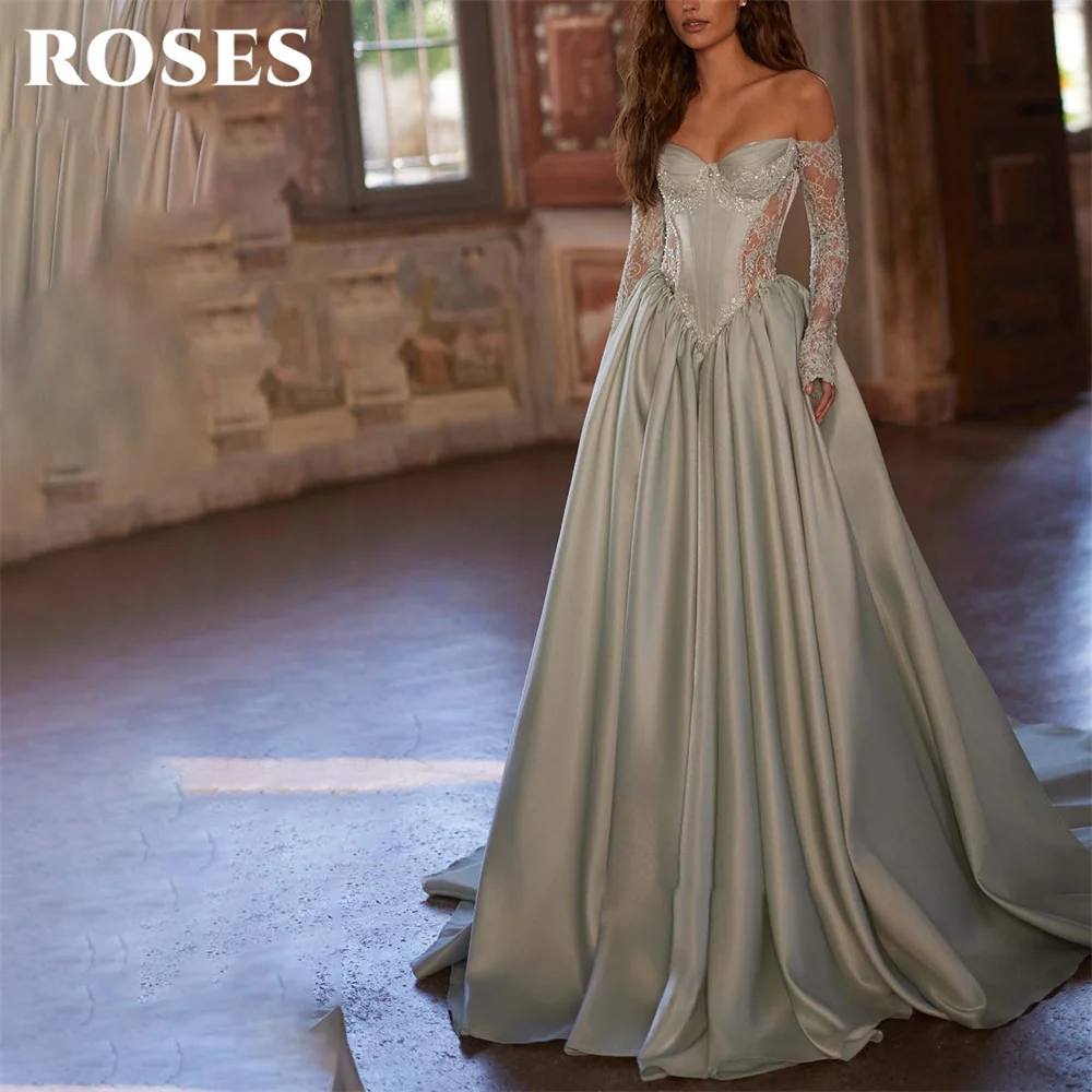 ROSES Sage Green A Line Satin 프롬 드레 Off the Shoulder Prom Gown Long Sheer Lace Sleeve Party Dress for Formal Event Customized
